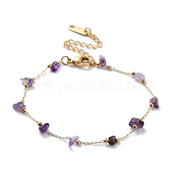 Bracelets en chaîne de perles en améthyste naturelle, avec chaînes dorées en acier inoxydable chirurgical 316, 6-7/8~7-1/8 pouce (17.5~18 cm)