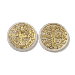Cabochons de coquille blanche naturelle de religion, une feuille d'or, plat rond avec croix de saint benoît, or, 20x2.5mm