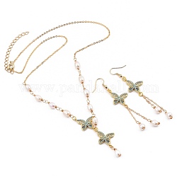 Butterfly Brass Micro Pave Cubic Zirconia Jewelry Set, Brass Cable Chains Pendant Necklace & Dangle Earrings, with Natural Cultured Freshwater Pearl Beads and Brass Earring Hooks, Golden,  20.87 inch(53cm), 89mm, Pin: 0.7mm