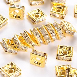 Abalorios de latón Diamante de imitación espaciador, Grado A, cuadrado, sin níquel, blanco, color metal dorado, tamaño: aproximamente 6 6 mmx mmx 3 mm, agujero: 1 mm