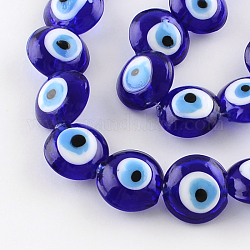 Плоские круглые глаза Lampwork зло шарик нити, синие, 15~16x8~9 мм, отверстие : 2 мм, около 24 шт / нитка, 13.7 дюйм