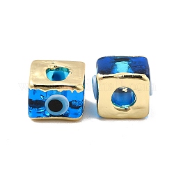 Perle di smalto in ottone, placcato di lunga durata, vero placcato oro 18k, quadrato con motivo malocchio, dodger blu, 10~12x10~12x8~9mm, Foro: 4~4.5 mm