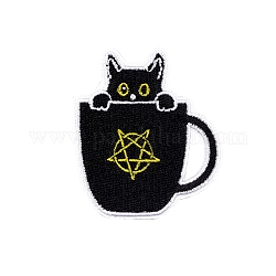猫とカップの漫画のアップリケ  刺繍アイロン接着布パッチ  ミシンクラフト装飾  ブラック  48x59mm