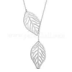 SHEGRACE Fashion Filigree Rhodium Plated 925 Sterling Silver Pendant Lariat Necklace, with Leaves Pendant, Platinum, 15.7 inch(40cm)