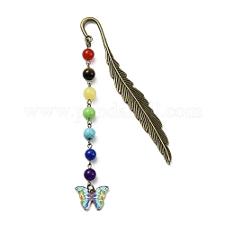Segnalibro pendente in lega di smalto a farfalla con perla di pietra preziosa chakra, segnalibri di piume in lega, colorato, 140x14.5x3.5mm
