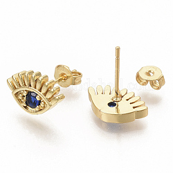 Brass Micro Pave Blue Cubic Zirconia Stud Earrings, with Earring Backs, Eye, Real 16K Gold Plated, 8.5x13.5mm, Pin: 0.7mm