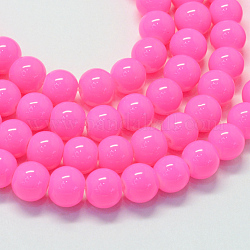 Back lackiertem Glas runde Perle Stränge, neon rosa , 8.5~9 mm, Bohrung: 1.5 mm, ca. 105 Stk. / Strang, 31.8 Zoll
