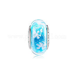 Rondelles en verre tinysand perles européennes à grand trou, avec des noyaux doubles en argent sterling plaqué platine 925, motif de fleur, bleu ciel, 9x14.98mm, Trou: 4.11mm
