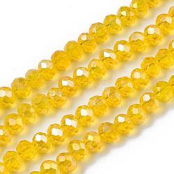 Chapelets de perles en verre électroplaqué, de couleur plaquée ab , facette, rondelle, or, 4x3mm, Trou: 0.4mm, Environ 123~127 pcs/chapelet, 16.5~16.9 pouce (42~43 cm)