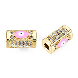 Perles de zircone cubique micro pave en Laiton, avec l'émail, véritable 18k plaqué or, rectangle avec le mauvais œil, sans nickel, perle rose, 14x8x7mm, Trou: 3.5mm