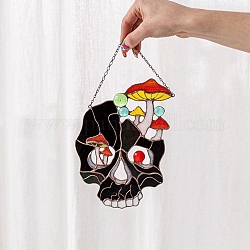 Crâne acrylique teinté d'Halloween avec plan de fenêtre d'art champignon, pour les attrape-soleil, ornements suspendus pour fenêtre et maison, noir, 150x150mm