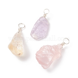Rough Raw Natural Gemstone Pendants, with Silver Tone Copper Wire Wrapped, Nuggets Charm, 18~33x7~20x5~9mm, Hole: 3.5~4mm