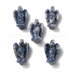 Pendentifs en jaspe tache bleue naturelle, Breloques d'ange avec fermoirs en alliage plaqué platine, 31~31.5x17~18x12mm, Trou: 7.5x4mm