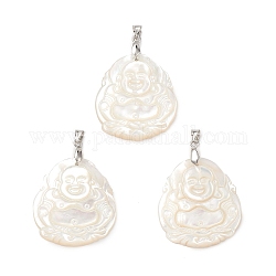 Pendenti shell bianco naturale, incantesimi di Buddha, con bottoni a pressione in ottone,  cadmio& piombo libero, platino, 31x27.5x5mm, Foro: 5x3.5 mm