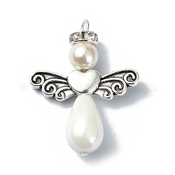 Pendenti di perle di conchiglia con ali in lega in stile tibetano, charms d'angelo, argento antico, 30x23.5x8mm, Foro: 2.8 mm