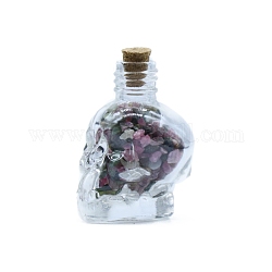 Decoraciones diaplay de turmalina natural, Botella de deseos con forma de calavera con chip de piedra de energía reiki, 35x44mm