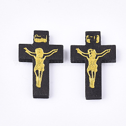 Printed Wooden Pendants, Crucifix Cross, For Easter, Dyed, Black, 32.5~33.5x21~22x4.5mm, Hole: 2mm