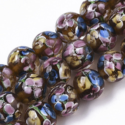 Hilos de abalorios de murano hechos a mano, flor interna, redondo, chocolate, 11.5~12.5x10.5~11.5mm, agujero: 1.4 mm, aproximamente 45 pcs / cadena, 19.69 pulgada ~ 20.08 pulgadas