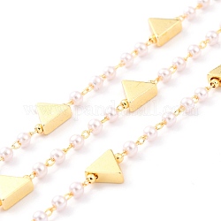 Cadenas de perlas de imitación de plástico ccb hechas a mano de 3.28 pie, con cuentas triangulares de latón, soldada, Plateado de larga duración, redondo, dorado, cuentas redondas: 3 mm, cuentas triangulares: 7x7.5x3 mm