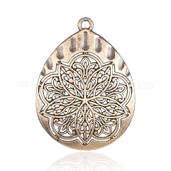 Nickel Free & Lead Free Vintage Tibetan Style Alloy Teardrop with Flower Large Pendants, Long-Lasting Plated, Antique Bronze, 61x46x3mm, Hole: 3.5mm