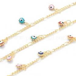 Golden Brass Figaro Chain, with Enamel Charms,Long-Lasting Plated, with Spool, Soldered, Colorful, 6.5x4x3mm, 32.8 Feet(10m)/roll