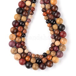3 brins de perles de bois naturel de style, ronde, colorées, 6~10mm, Trou: 1~1.2mm, environ 3 brins/sac