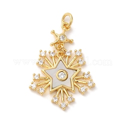 Rack Plating Brass Micro Pave Cubic Zirconia Pendants, with Shell and Jump Ring, Lead Free & Cadmium Free, Snowflake, Real 18K Gold Plated, 31x21x3mm, Hole: 3mm
