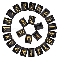 Cabochon in quarzo sintetico, rettangolo con rune / futhark / futhorc, nero, 19x14x6mm, 25 pc / set