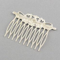 Iron Hair Comb Findings, with Brass Flower, Silver, 38x52mm, flower: 20x56mm