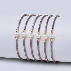 Nylon regolabile bracciali intrecciati cavo di perline, con perle di semi giapponesi e perla, grigio scuro, 2 pollice ~ 2-3/4 pollici (5~7.1 cm)