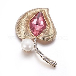Cabochon in ottone, con vetro, perle di conchiglia e strass, foglia, rosso violaceo chiaro, oro, 59x37x11mm