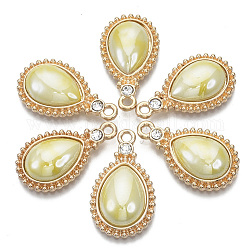 Porcelain Pendants, with Light Gold Plated Brass Findings and Crystal Rhinestone, Teardrop, Light Yellow, 24x14x5mm, Hole: 1.8mm