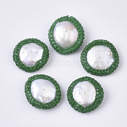 Perles de strass en argile polymère, avec perle d'eau douce de culture naturelle, plat rond, verte, 19~22x19~21x5~8mm, Trou: 0.7mm