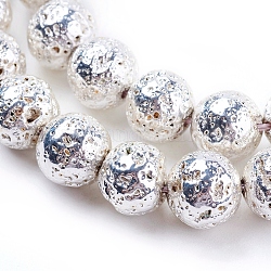 Brins de perles de pierre de lave naturelle galvanisées, ronde, cahoteuse, Plaqué Argent, 12mm, Trou: 1.5mm, Environ 30 pcs/chapelet, 15.35 pouce (39 cm)