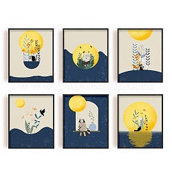 SUPERDANT Cartoon Animal Canvas Print Painting Landscape Scenery Unframed Wall Art Pictures for Nursery Baby Kids Bedroom 6 Pieces Cat Owl Abstraction Artwork with Moon Wall Decor