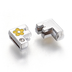 Slide charms rhinestone in lega , con smalto, letter.f con fiore giallo, colore metallico platino, 8.5x10.5x4.5mm, Foro: 2x8 mm