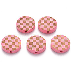 Perles de bois naturel peintes, motif gravé au laser, rond plat avec motif de grille, perle rose, 15x5mm, Trou: 1.8mm