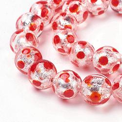 Chapelets de perles d'argent au chalumeau fait main, ronde, motif de points de polka, rouge-orange, 12mm, Trou: 1mm, 25 pcs / chapelet, 11.2 pouce