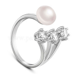 Shegrace 925 anello da dito con polsino in argento sterling placcato rodio, con perle d'acqua dolce, Tre AAA zirconi, formato 7, chiaro, 17mm