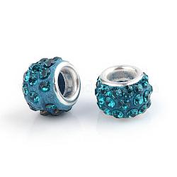 Perles européen avec strass en argile polymère, Perles avec un grand trou   , rondelle, avec noyaux en laiton plaqué couleur argent, zircon bleu, 10~12x7~8mm, Trou: 5mm