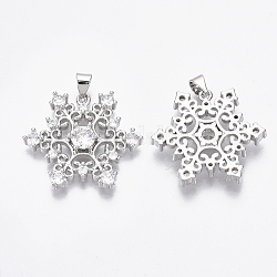 Brass Micro Pave Cubic Zirconia Pendants, Nickel Free, Snowflake, Clear, for Christmas, Real Platinum Plated, 23x26.5x4.5mm, Hole: 3x4mm