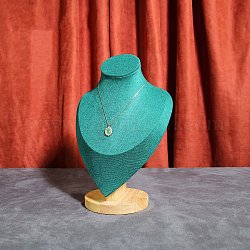 Présentoirs à colliers buste en velours avec base en bois, porte-bijoux pour ranger collier, sarcelle, 17x11.3x24.5 cm