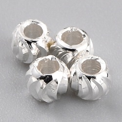 Brass Beads, Long-Lasting Plated, Corrugated Round, 925 Sterling Silver Plated, 3x2.5mm, Hole: 1.2mm