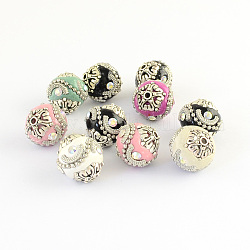 Perles rondes d'indonésie manuelles, avec des strass et des noyaux en alliage, argent antique, couleur mixte, 16~17x16~17mm, Trou: 1.5mm