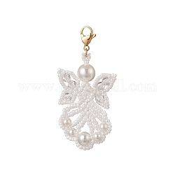 Décorations de pendentifs en verre d'ange, avec des perles de rocaille, fermoir en nacre et 304 fermoir mousqueton en acier inoxydable, blanc, 55x25x7.5mm