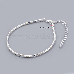 Brass European Style Bracelets, with Brass Lobster Claw Clasp, Silver Color Plated, about 19cm long(excluding the length of lobster claw clasp), 3mm thick, clasp: 12x6x3mm