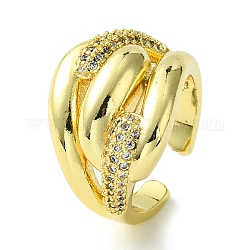 Brass Micro Pave Cubic Zirconia Open Cuff Rings, Hollow, Real 16K Gold Plated, US Size 7 1/2(17.7mm)
