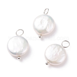 Pendentifs perle keshi perle baroque naturelle, perle de culture d'eau douce, avec des boucles de cuivre, plat rond, floral blanc, platine, 17.5x11x4.5mm, Trou: 2.1~3.1mm