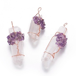 Gros pendentifs en cristal de quartz naturel, avec copeaux d'améthyste et accessoires en laiton, pépites, or rose, 58~105x22~35mm, Trou: 5~12mm