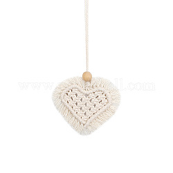 Heart Shaped Boho Handmade Macrame Cotton Hanging Ornament, for Car Rear View Mirror Decoration, Snow, 80x95mm
